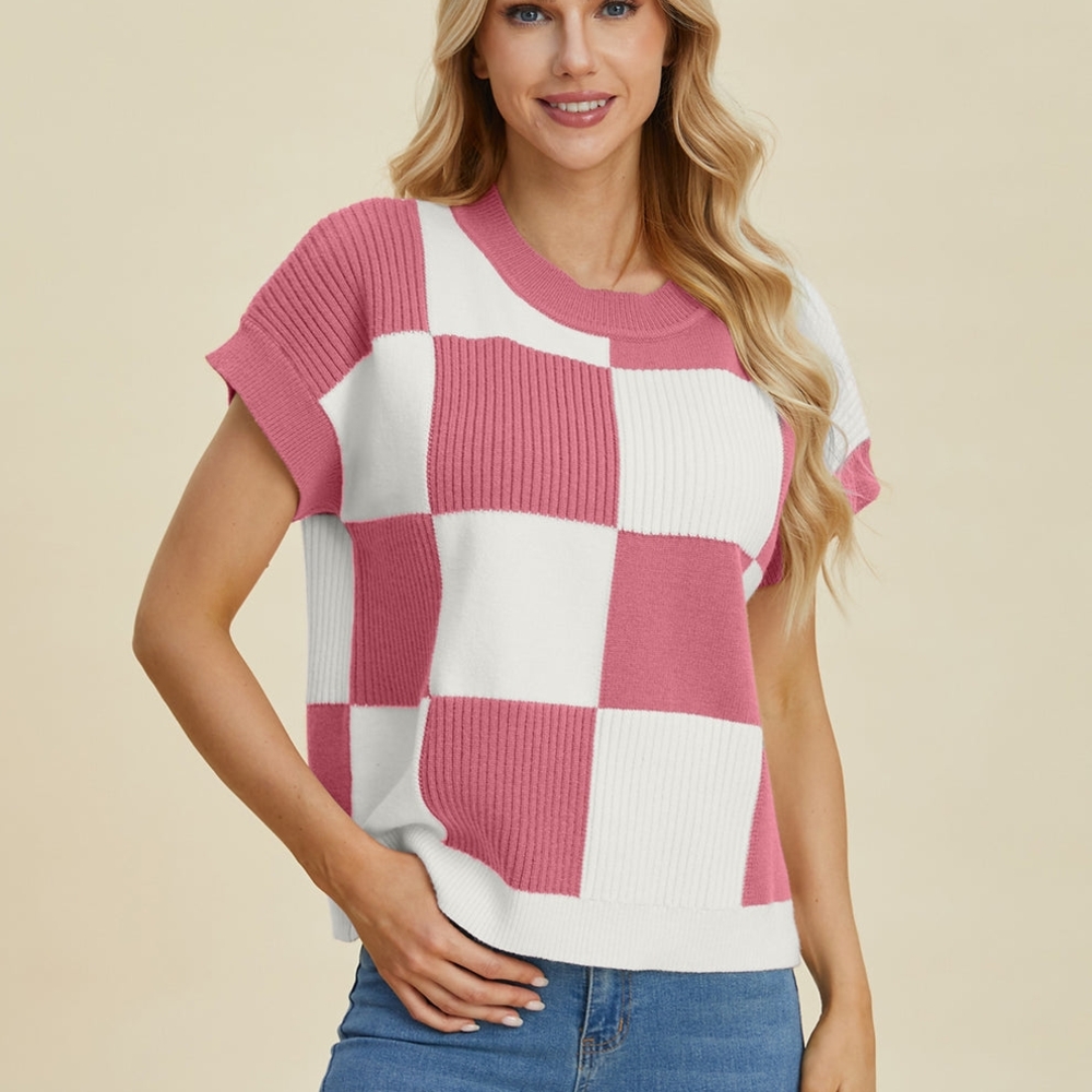 Double Take Checker Round Neck Short Sleeve Sweater